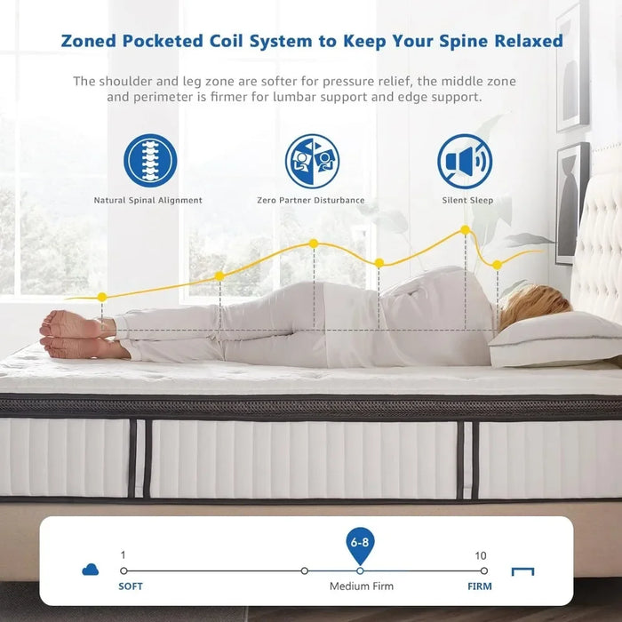 Queen Mattress 12 Inches, Gel Memory Foam Hybrid Mattress for Back Pain Relief, Wrap Coil Inner Spring, Medium Firmness