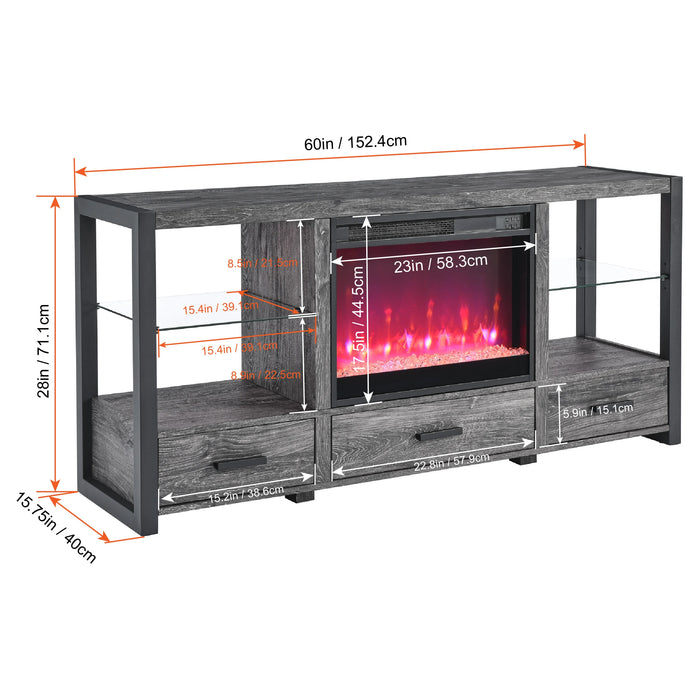 60 Inch Media TV Stand With Electric Fireplace Sync Colorful LED Lights Reclaimed Barnwood Color / Dark rustic oak[US-Stock]