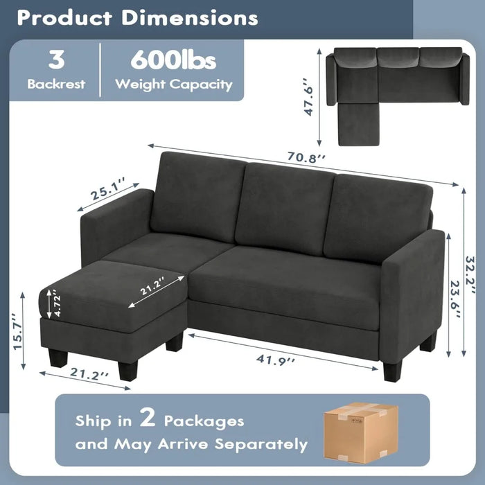 Convertible Sectional Small Sofa L-Shaped Couch Seat with Modern Linen Fabric, for Living Room, Apartment, Dark Gray