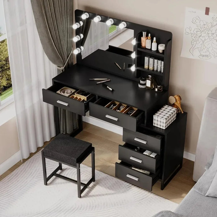 Dresser, with Mirror and 10 LED Lights, with 2 Drawers and Chairs, with 3 Mirrors and Stools, with Gold Metal Frame, Dresser