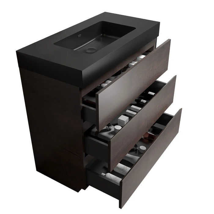 36" Walnut Bathroom Vanity with Sink, Large Storage Freestanding Bathroom Vanity for Modern Bathroom, One-Piece Black Sink Basin