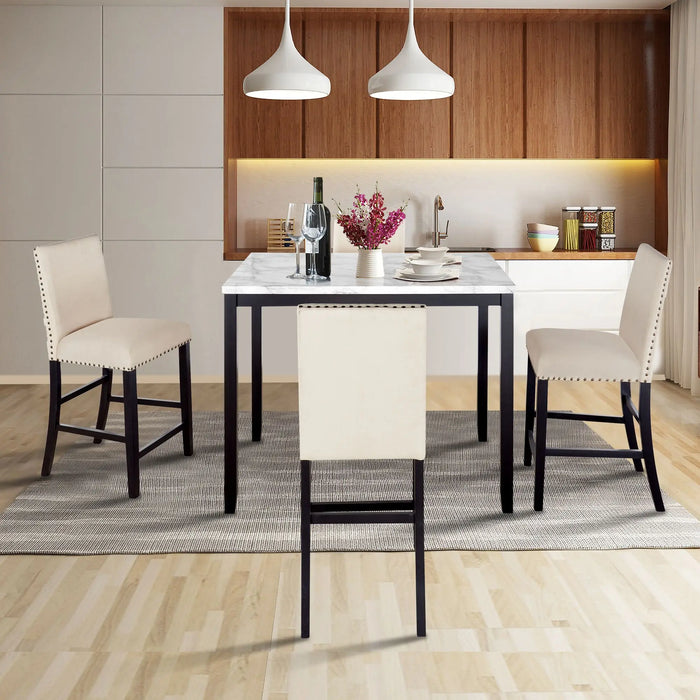 Chic 5-Piece Counter Height Faux Marble Modern Dining Set in Beige with Matching Chairs and Marble Veneer