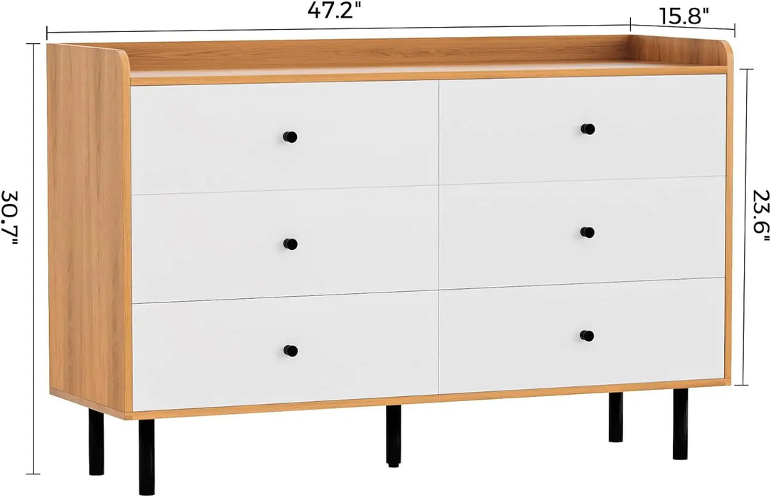 Dresser for Bedroom with 6 Drawers, Modern Wood 6 Drawer Dresser with Black Knobs, Chest of Drawers for Nursery, Living Room