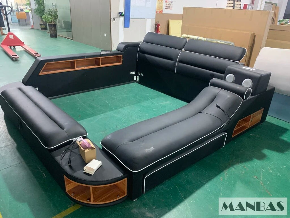 MINGDIBAO Massage Bed - Tech Smart Bed with Multifunctional Bed Frame, Genuine Leather, USB, Bluetooth Speaker and Safe Bedroom