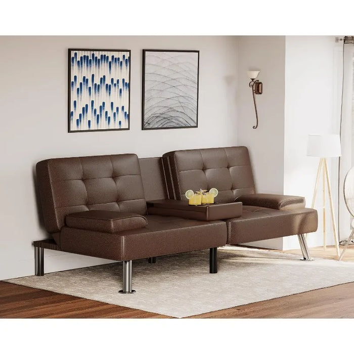 Futon Sofa Bed Modern Faux Leather Couch,Convertible Folding Futon Couch Recliner Lounge with 2 Cup Holders with Armrest (Brown)