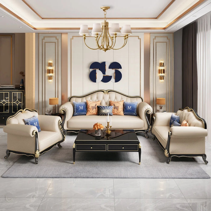 American high quality leather sofa combination light luxury style European solid wood carving sofa villa furniture