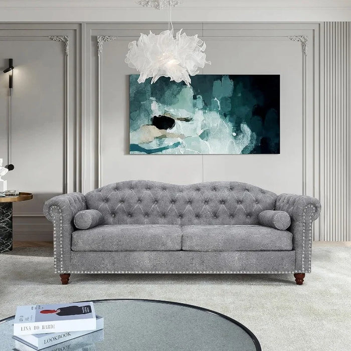 Upholstered Sofa Couch with Deep Seats, Comfy Chesterfield Leather Sofa with 2 Pillows, Traditional Tufted Sofa for Living Room