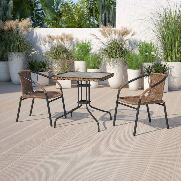 BOUSSAC 28'' Square Glass Metal Table with Gray Rattan Edging and 2 Gray Rattan Stack Chairs,Garden Furniture Sets