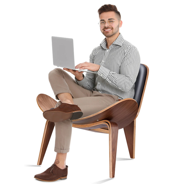 Lounge Shell Chair Faux Leather Solid Wood Style Kitchen Chair Single Sofa Chair Smile Airplane Chair for Living Room