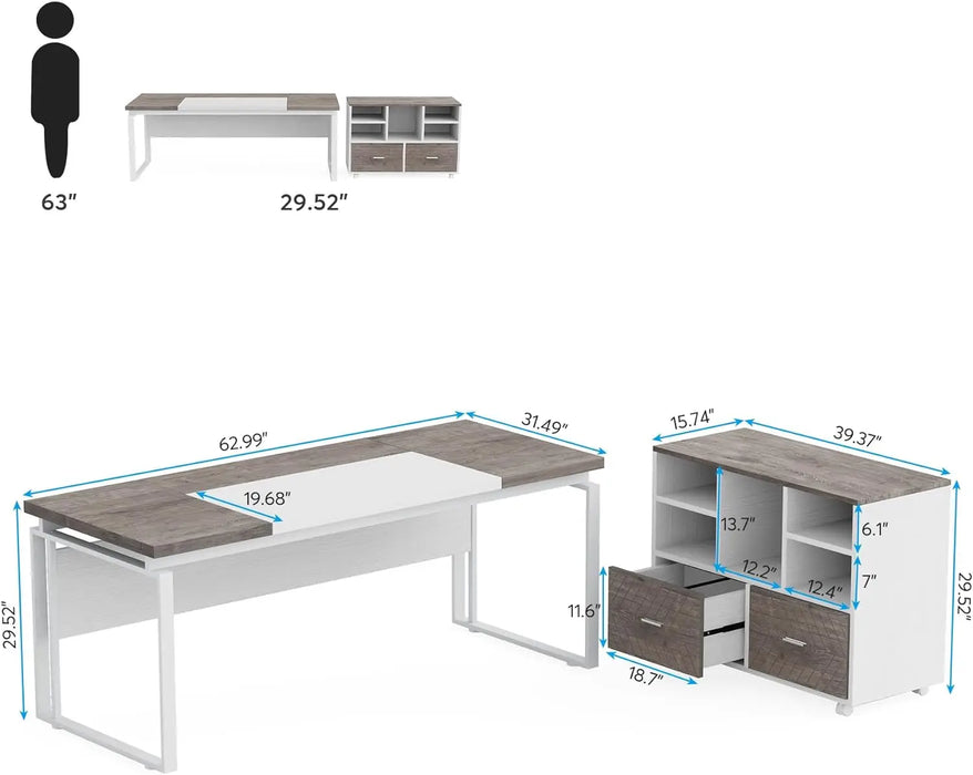 Tribesigns L-Shaped Executive Desk with Reversible File Cabinet, 63" Office Desk with Storage Drawers, L-Shaped Computer Desk wi