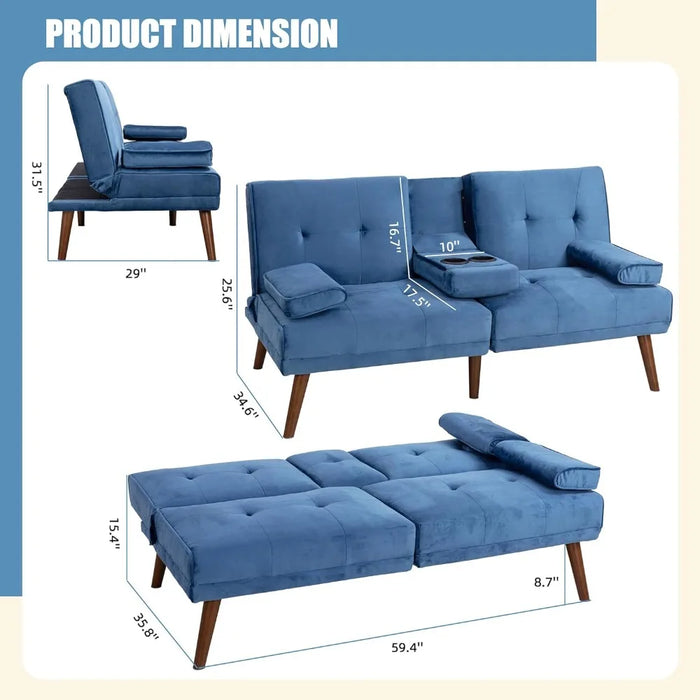 60" Small Loveseat, 3 in 1 Cute Convertible Sofa Bed, Modern Futon Recliner Sleeper w/2 Cup Holder, Blue
