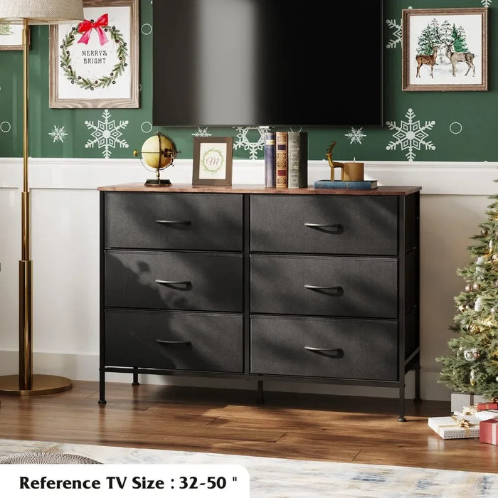 Entryway Toilet Furniture Makeup Fabric Storage Dresser for Bedroom Vanity Desk Hallway Wooden Top Wide Dresser With 6 Drawers