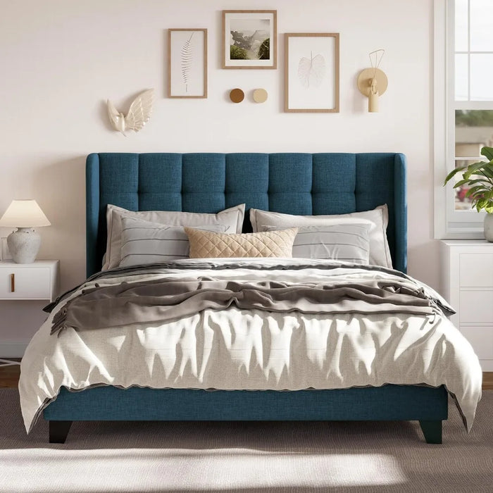 Queen Size Platform Bed Frame with Wingback, Fabric Upholstered Square Stitched Headboard and Wooden Slats
