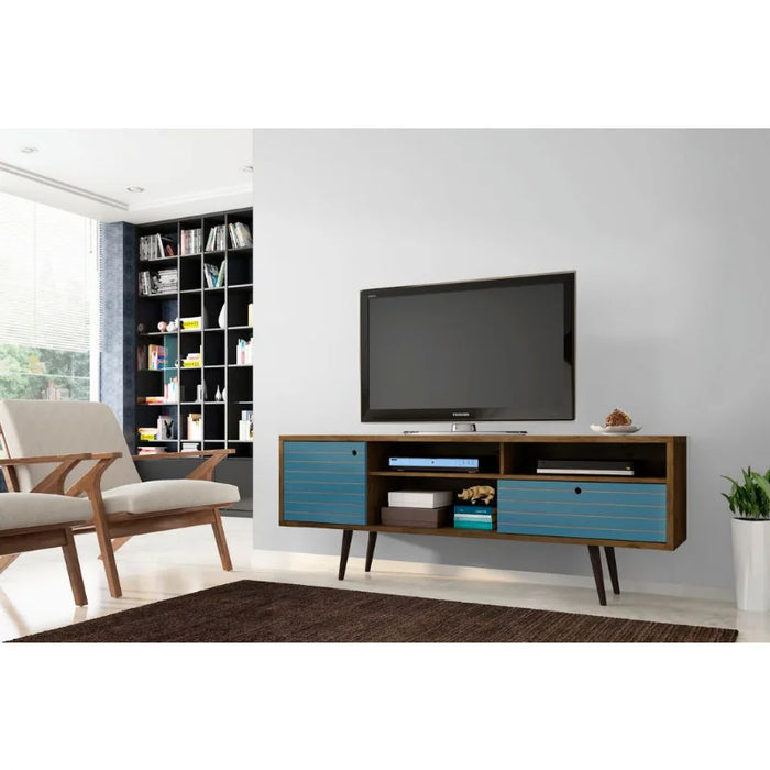 70.86" Mid Century - Modern TV Stand with 4 Shelving Spaces and 1 Drawer, Brown living room furniture  tv stand cabinet