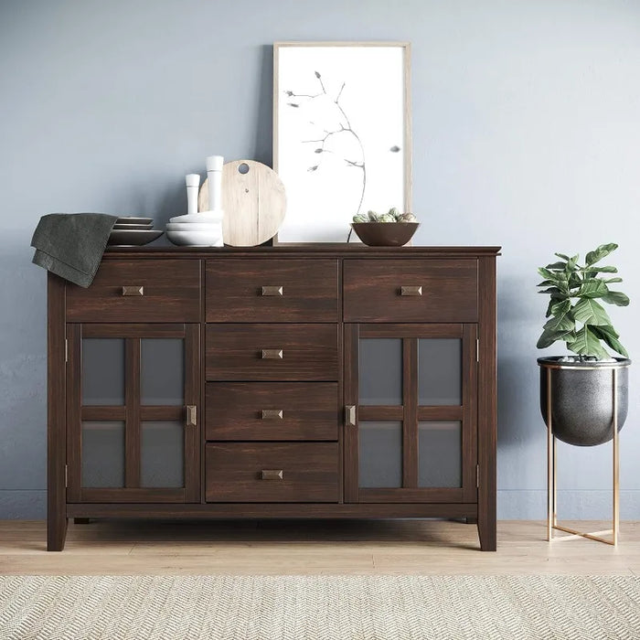 olid Pine Wood 54 inch Contemporary Sideboard Buffet Credenza in Dark Chestnut Brown features 2 Doors, 6 Drawers and 2 Cabinets