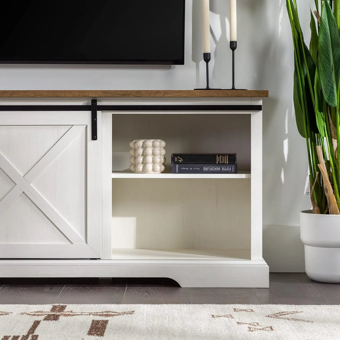 Modern Farmhouse Sliding X Barn Door TV Stand for TVs up to 80 Inches, 70 Inch, Reclaimed Barnwood and Brushed White