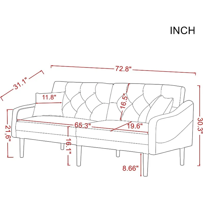 DNYN Convertible Sleeper Futon Sofa with 2 Pillows, Velvet Tufted Couch w/Metal Legs and Adjustable Backrest, for Apartment Offi