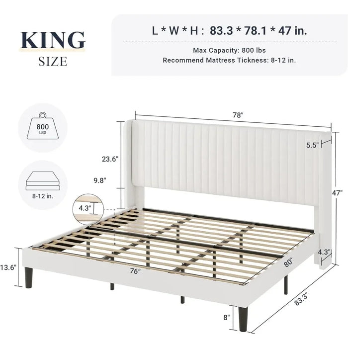 Bed FrameVelvet Bed Frame vertical groove tufted wing back headboard padded platform bed no springs required sturdy wooden slats