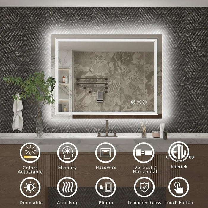Bathroom Mirror, Wall Illuminated Makeup Mirror, Dimmable, Shatterproof, Anti Fog, Headlight+backlight Bathroom Mirror