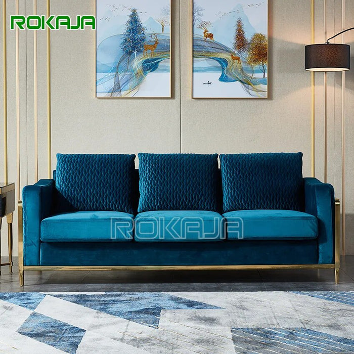 New Design Tufted Sofa Gold Stainless Steel Living Room Furniture Sets 6 Seater Sofa Set Modern Velvet Fabric Sofa