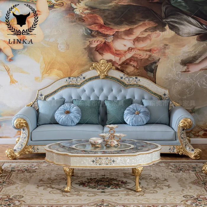 French  Luxury Shell Mosaic  and Tea Table Combination European Fabric Solid Wood Carved Sofa  FurnitureCloth art embroidery