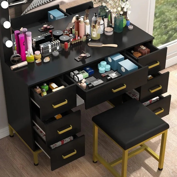 Vanity Set with Lighted Mirror, 44'' Makeup Dressing Table, Vanity Desk Black Vanity with Cushioned Stool & 7 Drawers
