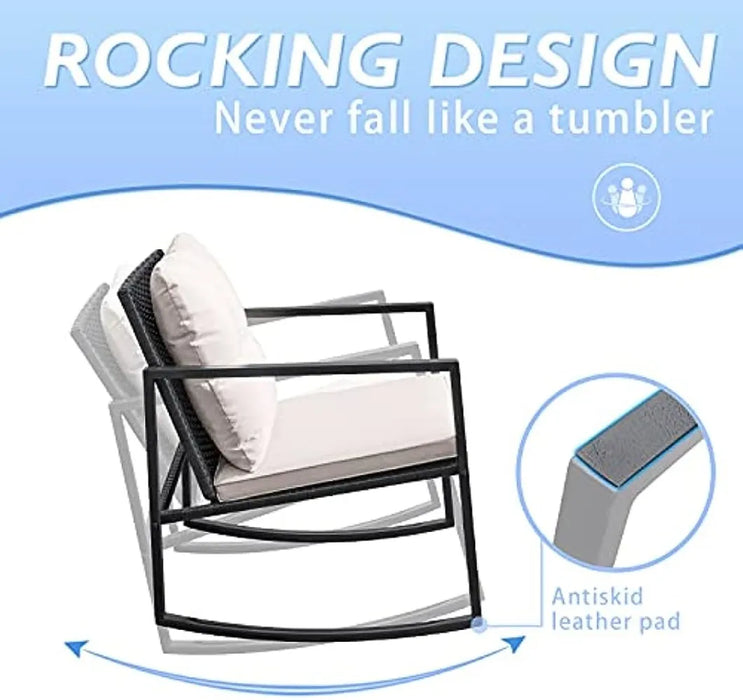 Greesum 3 Pieces Rocking Wicker Bistro Set,Patio Outdoor Furniture Conversation Sets with Porch Chairs and Glass Coffee Table,Be