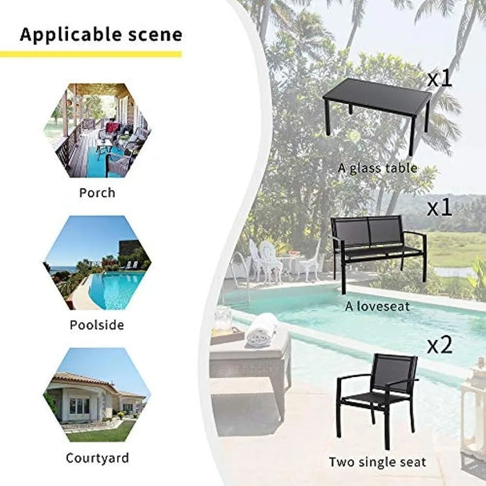 Shintenchi 4 Pieces Patio Furniture Set All Weather Textile Fabric Outdoor Conversation Set, with Glass Coffee Table, Loveseat