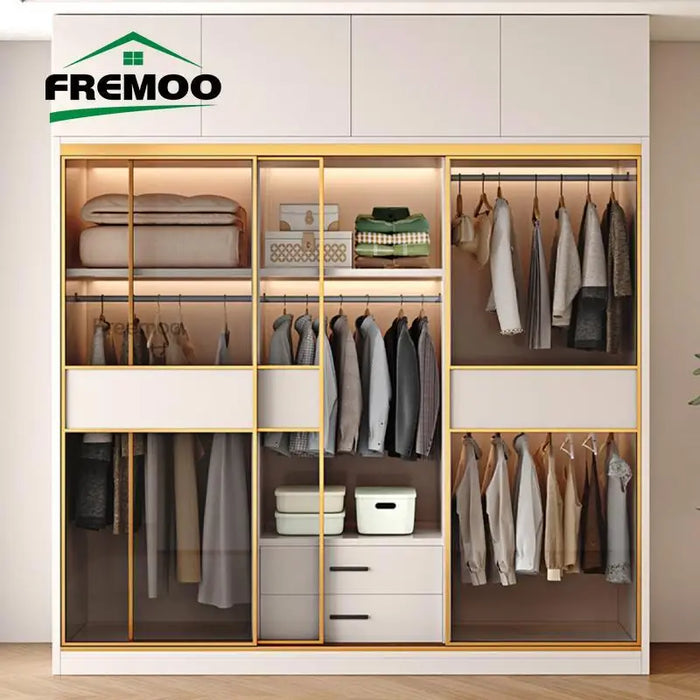 Modern Wardrobe With Transparent Glass Sliding Door Modern Bedroom Furniture Garment Clothes Closet Bedroom Cabinet For Clothes