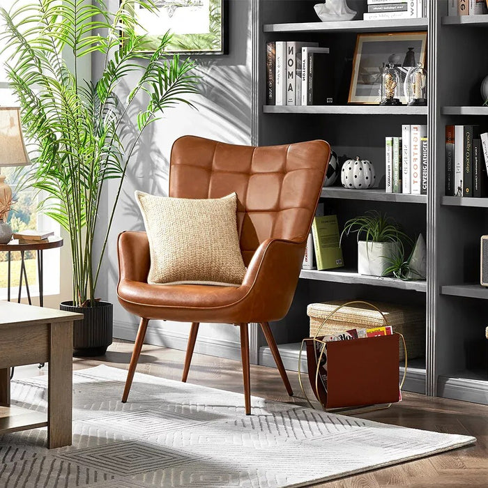 Faux Leather Wingback Accent Chair, Tan Living Room Furniture, Chair Living Room, Comfortable, Simple Aesthetic, Bedroom