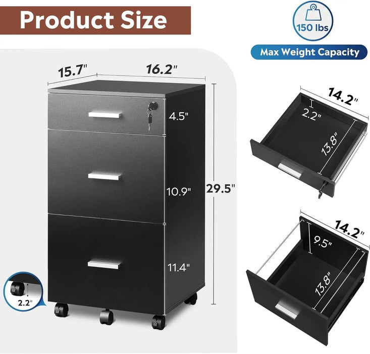 DEVAISE 3 Drawer Rolling File Cabinet with Lock, Wood Filing Cabinet fits Letter / A4 Size for Home Office, Black