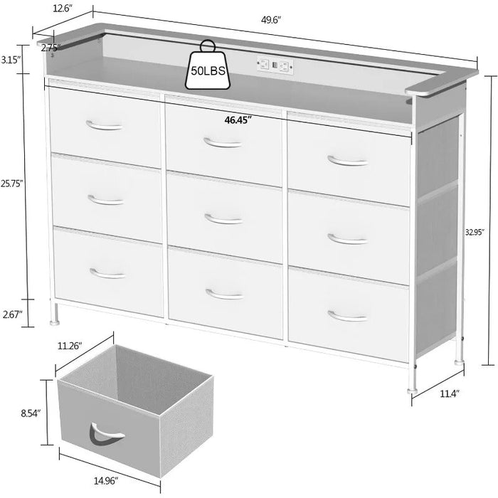 White Dresser with LED Light for Bedroom 9 Drawer Dressers with Charging Station Chests of Drawers for Entryway Closet Kids Room