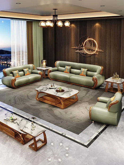 New Chinese Style Ugyen Wood Leather Sofa Living Room Yellow Leather New Solid Wood Combination