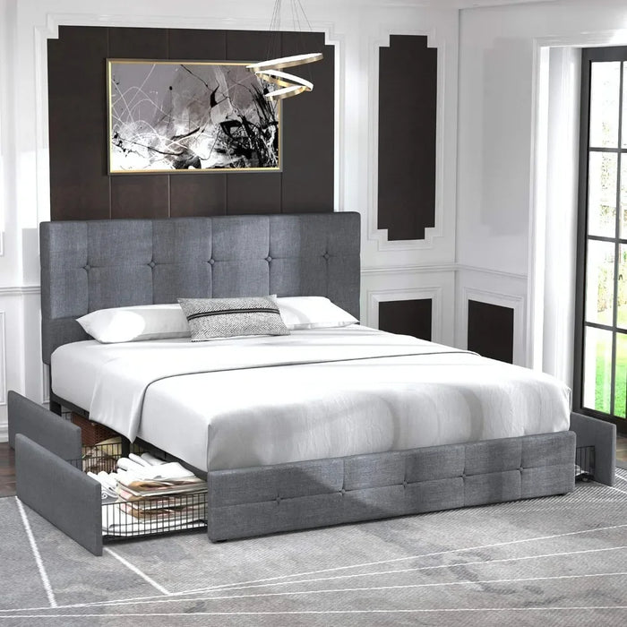 Upholstered Queen Size Platform Bed Frame with 4 Storage Drawers and Headboard Mattress Foundation, Light Grey