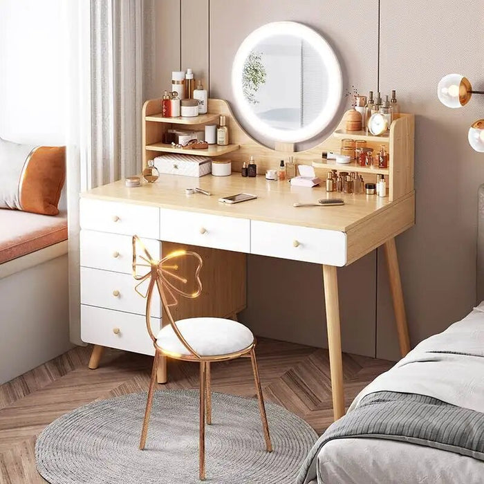Mirror Chair Led Dressing Table Brown Bedroom Multifunctional Luxury Dressing Table Classic Charm Tocador Maquillaje Furniture