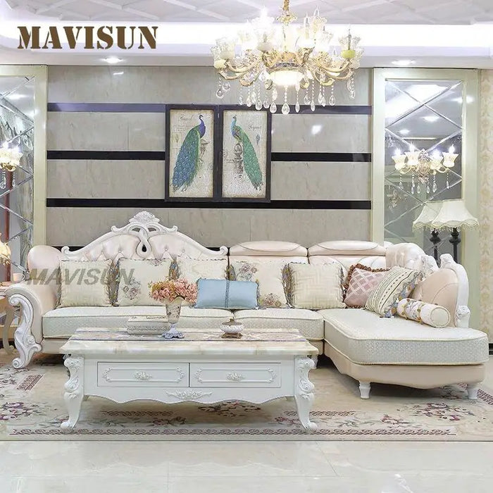Mid Century Living Room Sofas Retro L-Shape Delicate Carving Design Loveseat 8 People with Flannel Pillows Noble Leather Couch