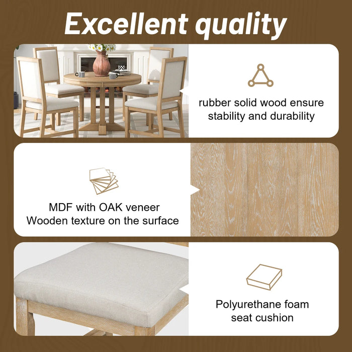 5-Piece Dining Set Extendable Round Table and 4 Chairs Farmhouse Dining Set for Kitchen, Dining Room,Natural Wood Wash