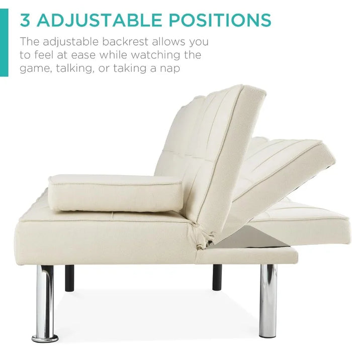 Best Choice Products Linen Modern Folding Futon, Reclining Sofa Bed for Apartment, Dorm w/Removable Armrests, 2 Cupholders