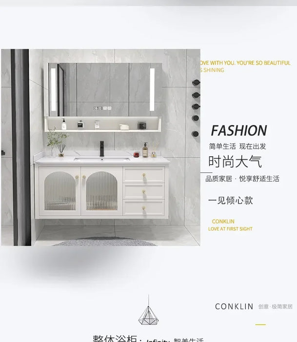 70-150cm Slate Bathroom Furniture Vanity Cabinet With Sink Cute Bear Mirror Integrated Solid Wood Style Cabinet Companion Wash