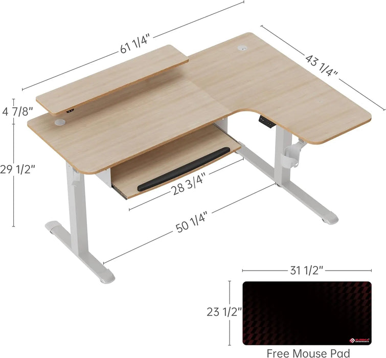 Standing Desk Adjustable Height 61" Electric Sit Stand Computer Desk L Shaped with Keyboard Tray Monitor Stand &LED