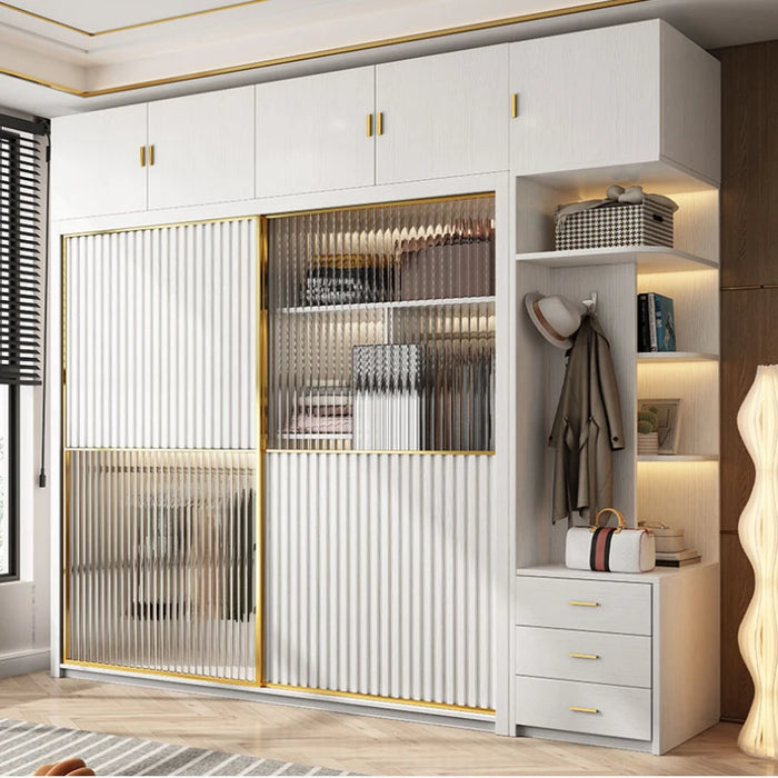 Solid wood multi-layer board, long rainbow glass sliding door, sliding wardrobe, simple modern household bedroom, large cabinet