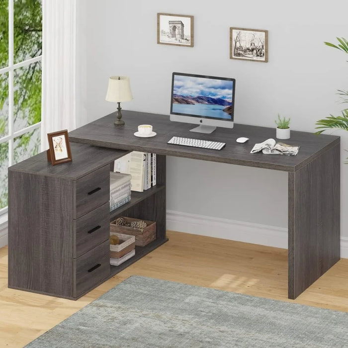 L Shaped Desk with Drawers, Shape Computer Storage Cabinet Shelves, Reversible Modern Industrial Home Office Corner Desk