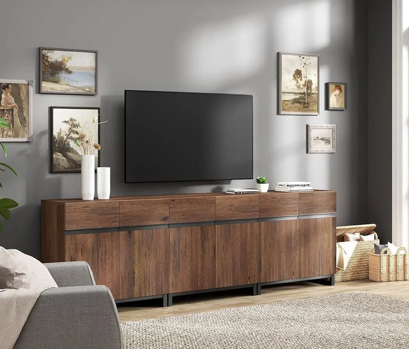 Modern TV Stand for TVs up to 100 inch, 3 in 1 Entertainment Center Console with Adjustable Shelves and Metal Base,Brown