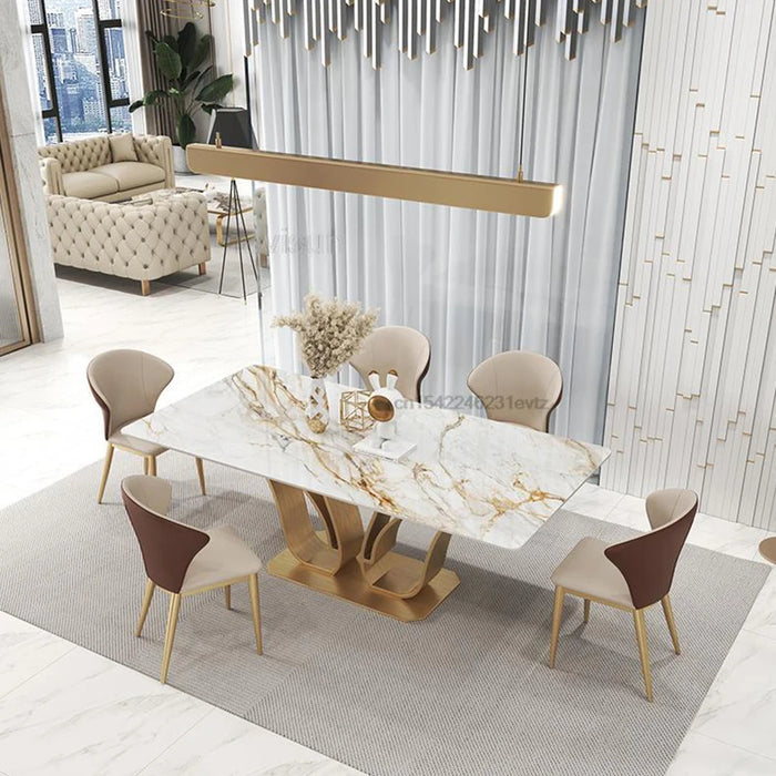 Luxury Dining Room Swan Shape Rectangular Island Table 1.8m And 6 Chairs Set Golden Coffee Kitchen Design Marble Furniture