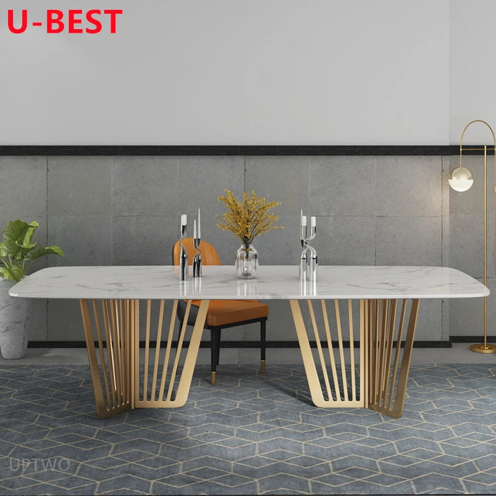 U-BEST European Style White Marble Stone Top Design Dining Table Modern Minimalist Rectangular Glossy Table Golden Furniture