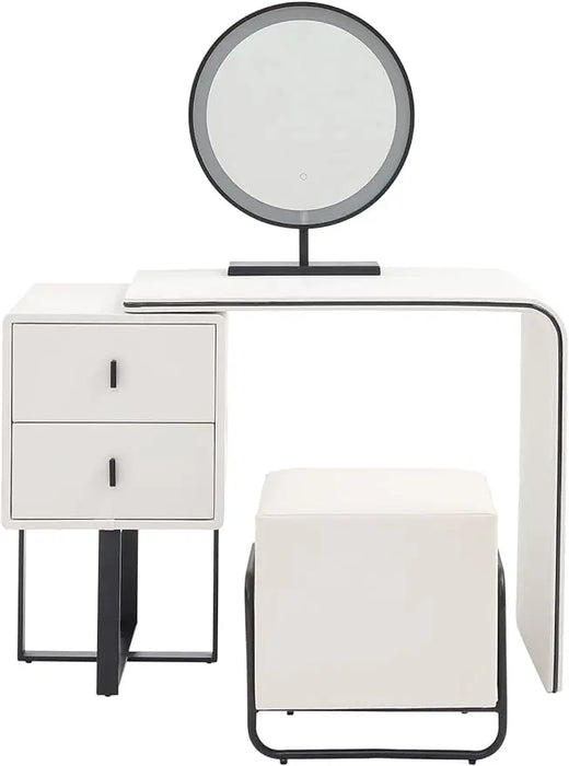 FUKAYI Makeup Vanity Desk Set with Stool & Drawers Dressing Table with Microfiber Leather Surface, White