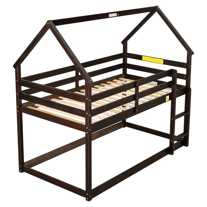 Bunk Bed for Kids Toddlers, Twin Over Twin Bunk Beds ,  Playhouse Farmhouse Roof Guardrail Ladder, for Girls & Boys