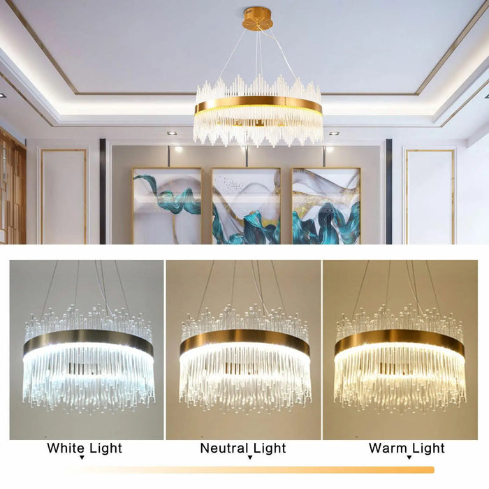 Modern 31.5" Crystal Chandelier Dimmable Ceiling Light Gold Pendant Lamp Fixture