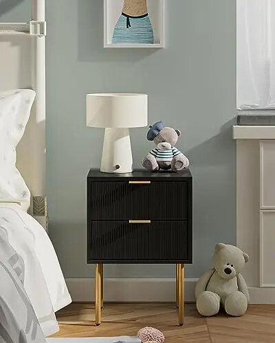Bedside Table with Gold Frame,Side Table with Two Drawers,Bedside Furniture,Drawer Dresser with Mid-Century Modernfor Bedroom,Li