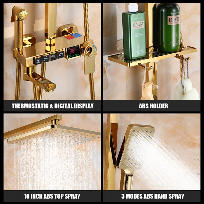 Golden Shower Set Bathroom Smart Digital  System Wall Mount Thermostatic Bath Faucet SPA Rainfall Bathtub LED Tap Full Kit